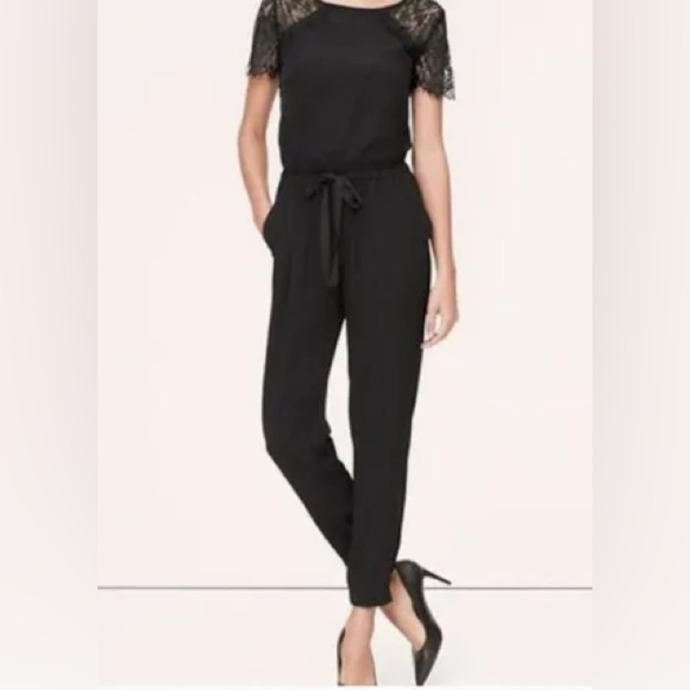 LOFT Black Short-Sleeve Drawstring Waist Jumpsuit